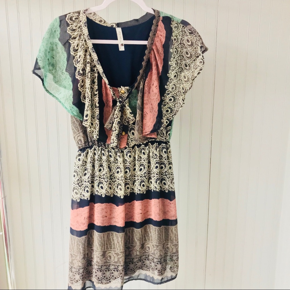 Fitted Pattern V-neck Dress with Ruffles + Buttons